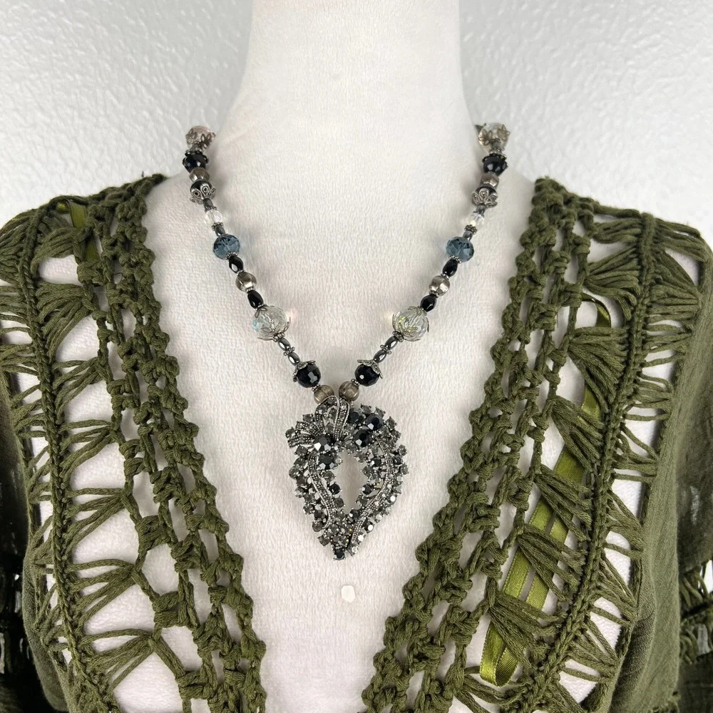 Victorian Gothic Jeweled Heart Pendant Necklace Black Rhinestone Beaded Witchy